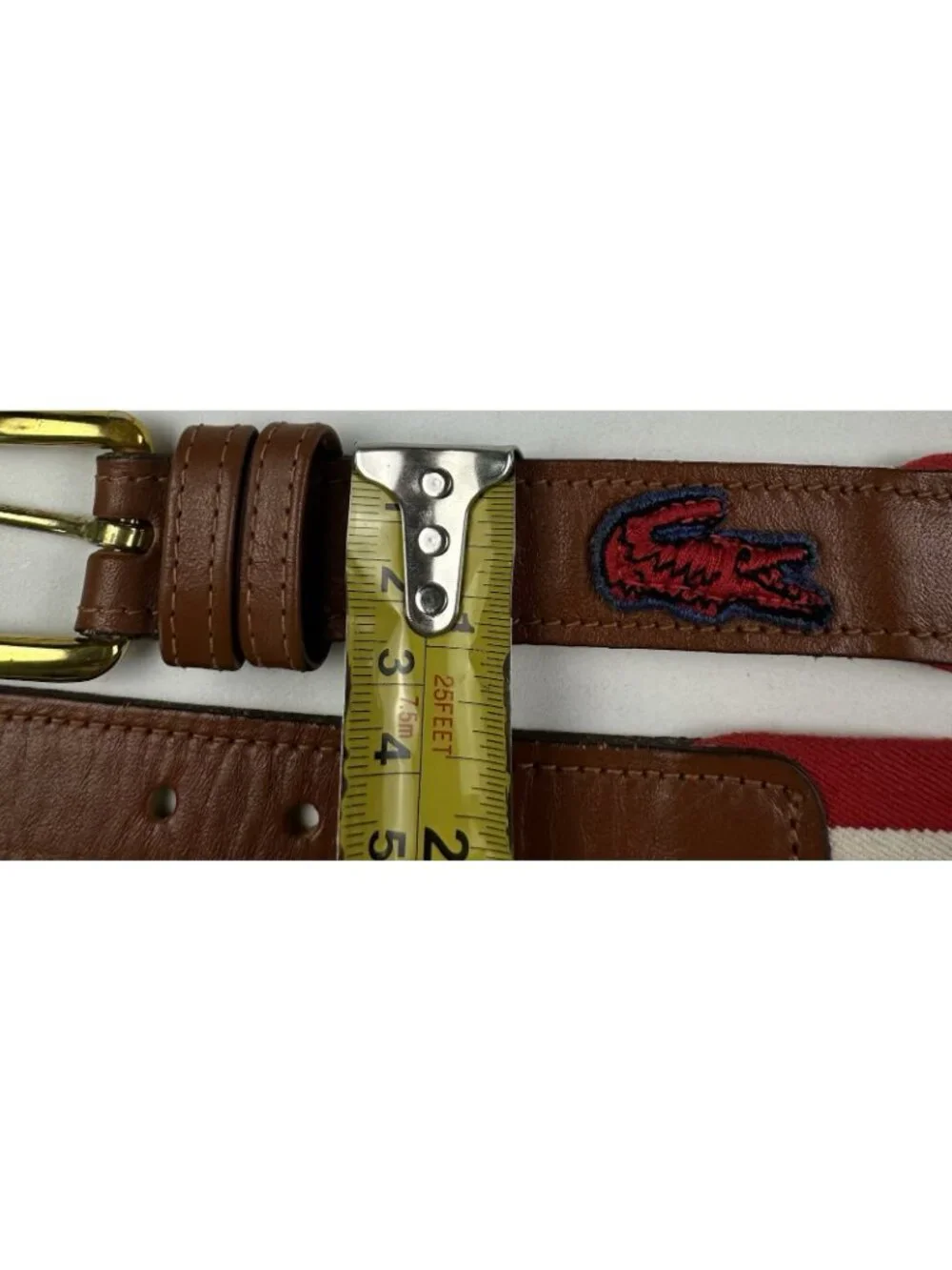 Lacoste Men’s Red White Stretch Fabric Leather Trim Skinny Belt Large 38/95